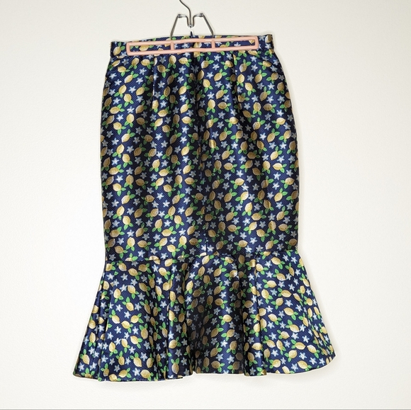 J crew lemon print trumpet skirt blue yellow fitted size XS 0 - Picture 6 of 7
